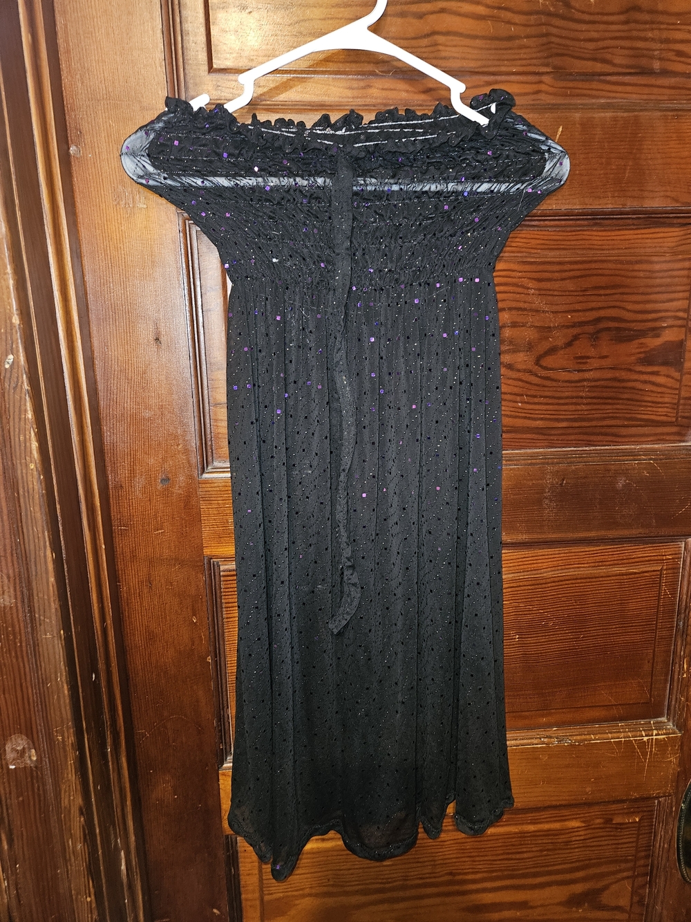 Black Strapless Smocked Dress with Purple Dot Accents